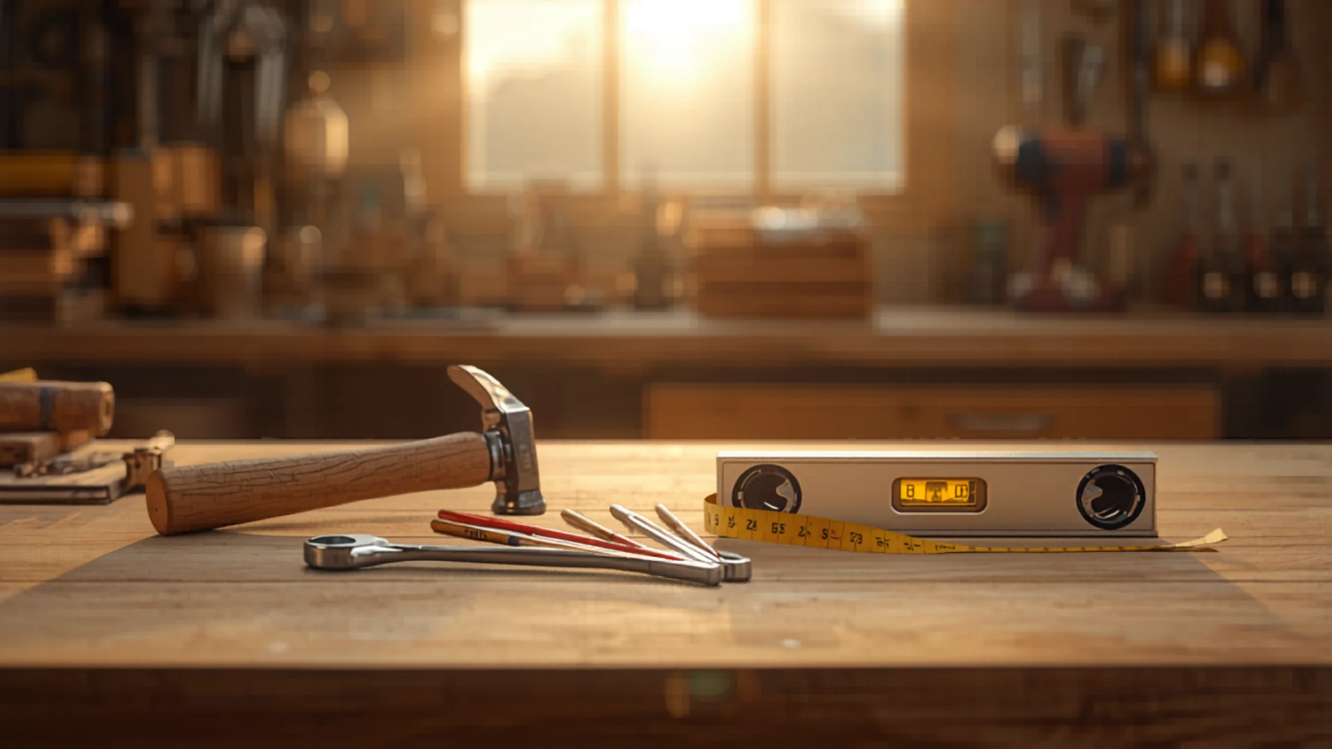 Organized home maintenance toolbox with essential tools on workbench