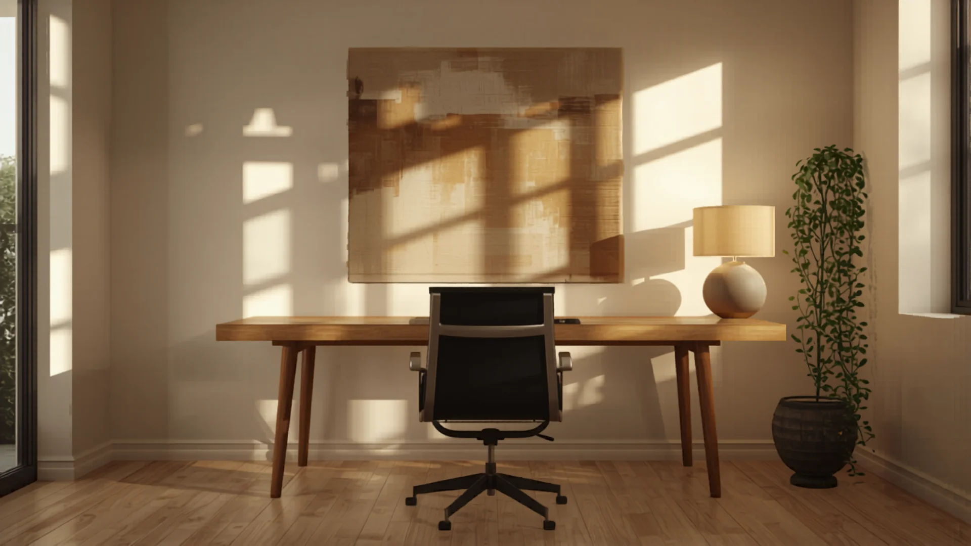 Creative home office workspace with artwork and timber desk