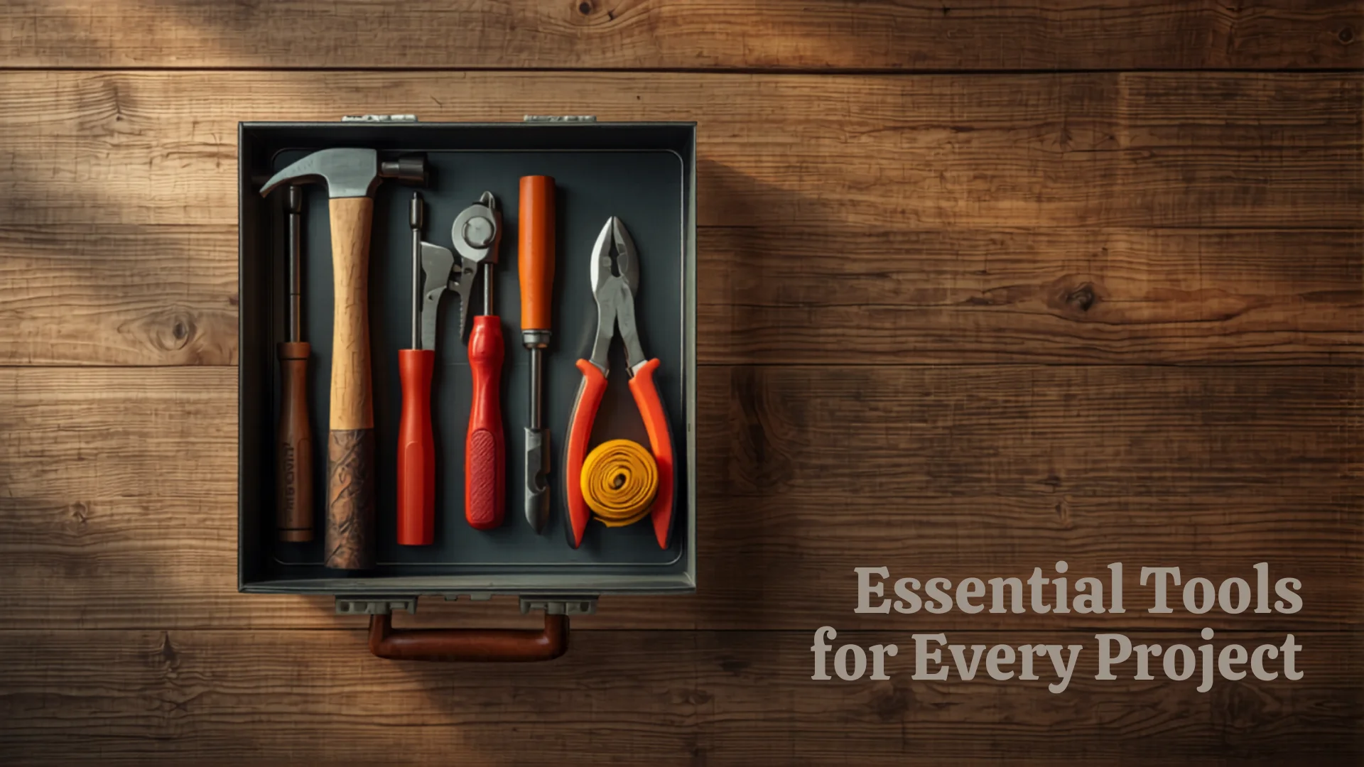 Organized home tool kit with essentials in open toolbox on workbench