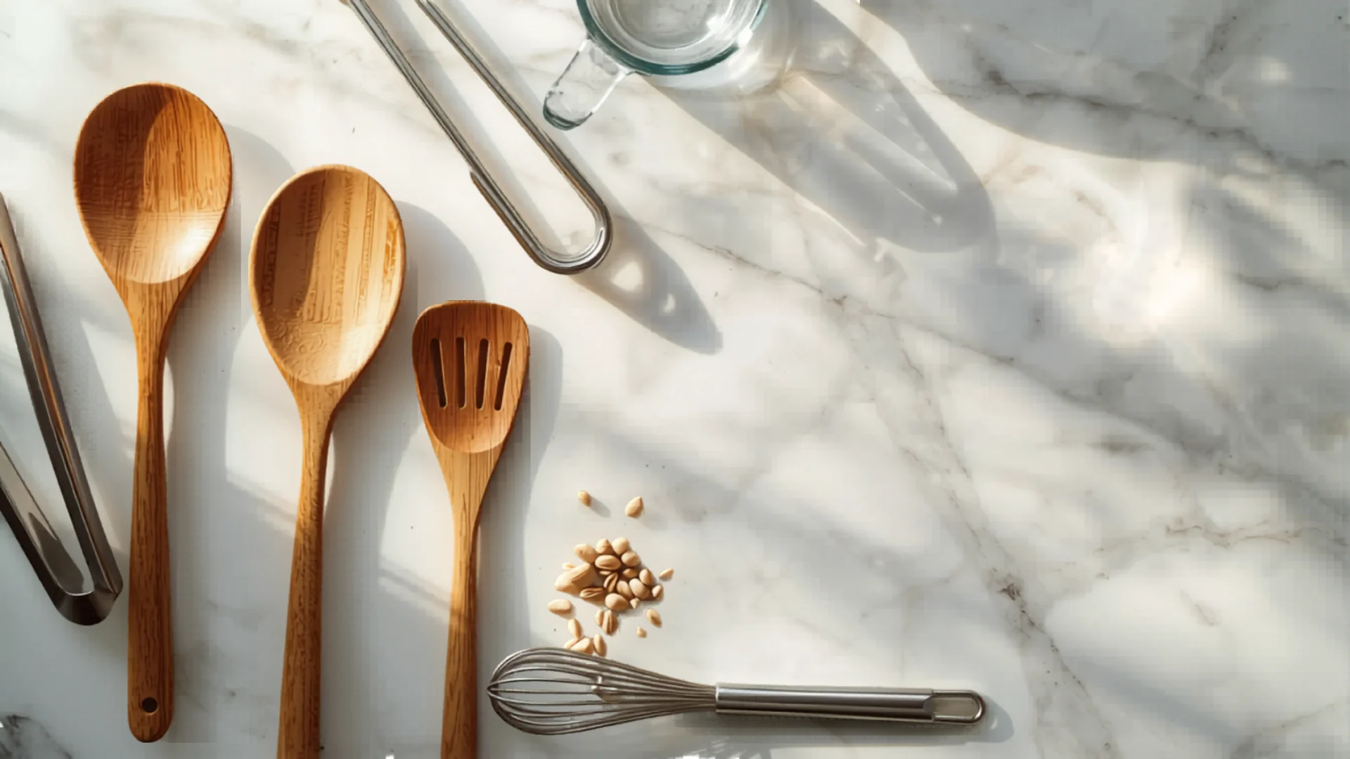 Flat lay of essential kitchen utensils on marble surface