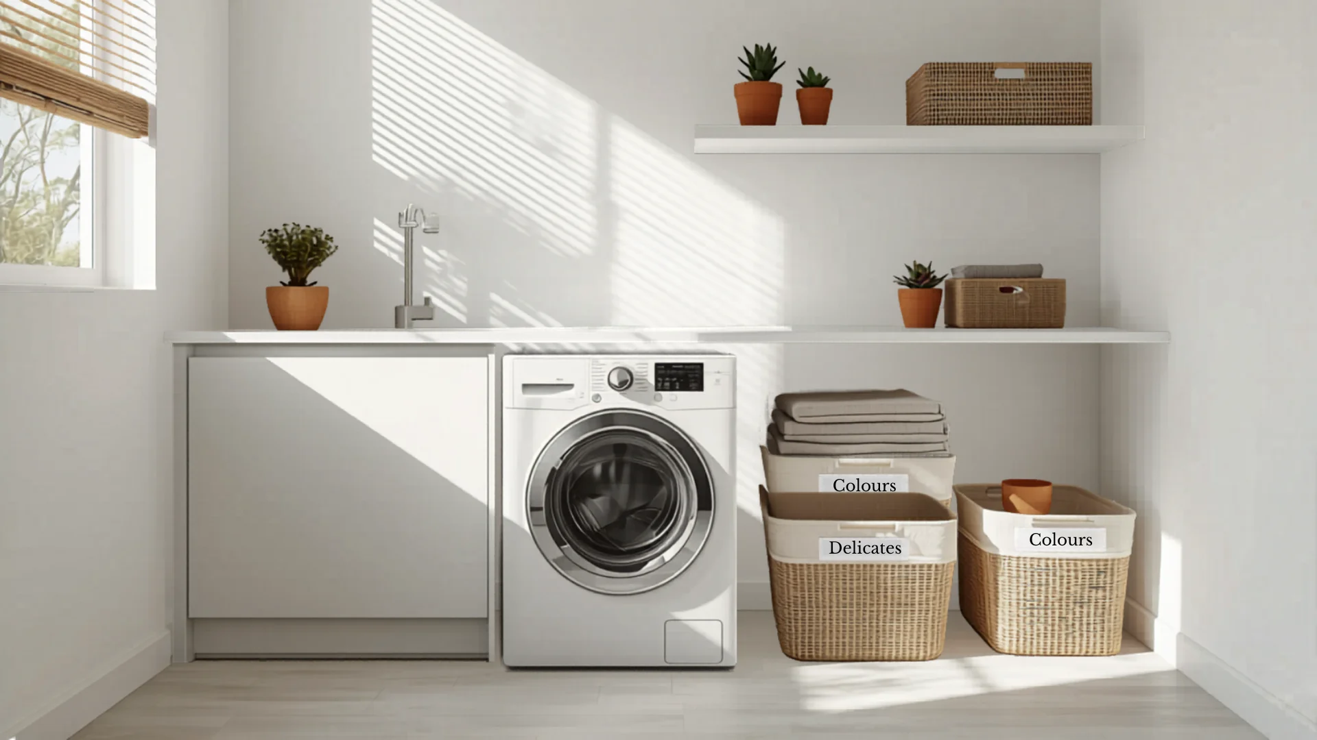 Modern Australian laundry room with washing machine and organized shelving