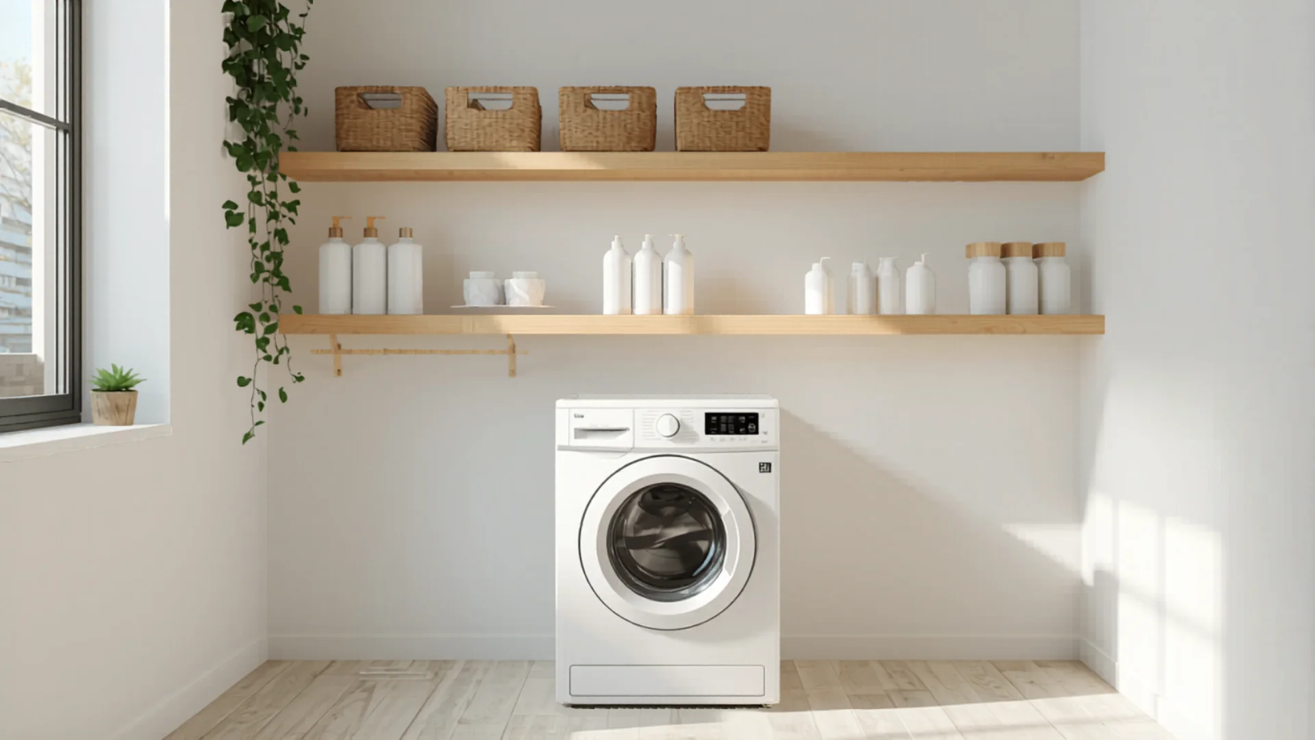Well-organized modern laundry with storage shelves above washer