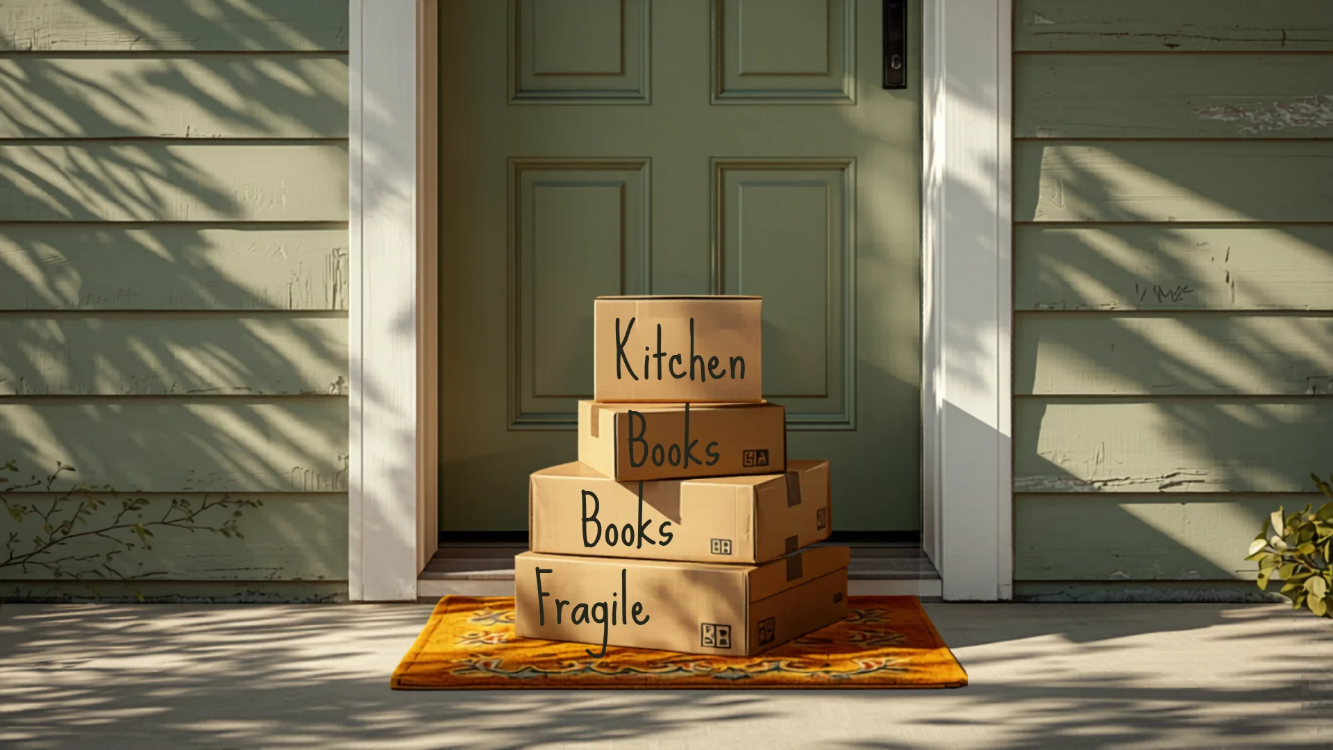 Moving boxes stacked neatly near front door of Australian home