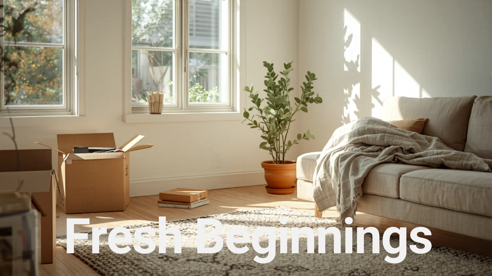 Unpacking boxes in bright modern Australian living room