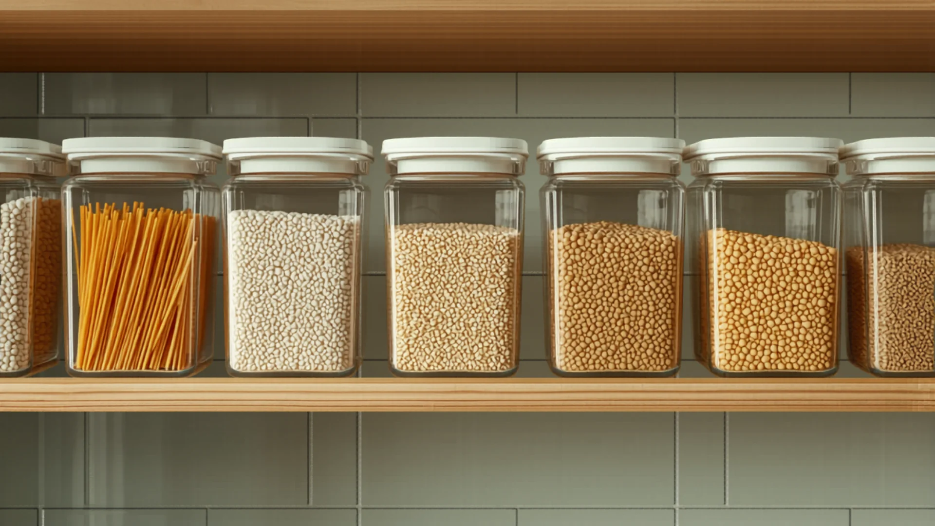 Clear airtight food containers neatly arranged on pantry shelf