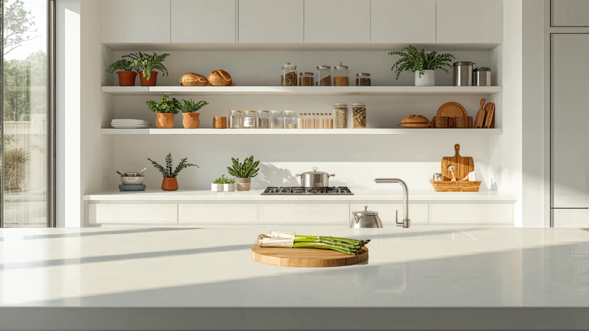 Modern Australian kitchen with open pantry showing organized shelves