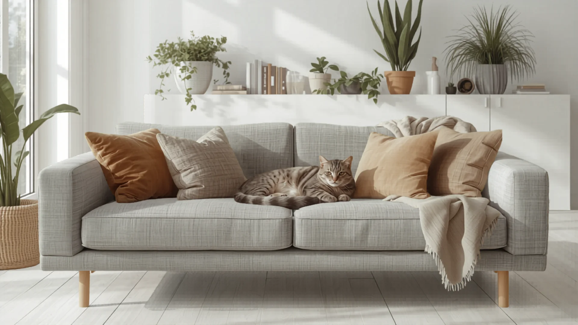Cat relaxing on couch in bright modern Australian living room