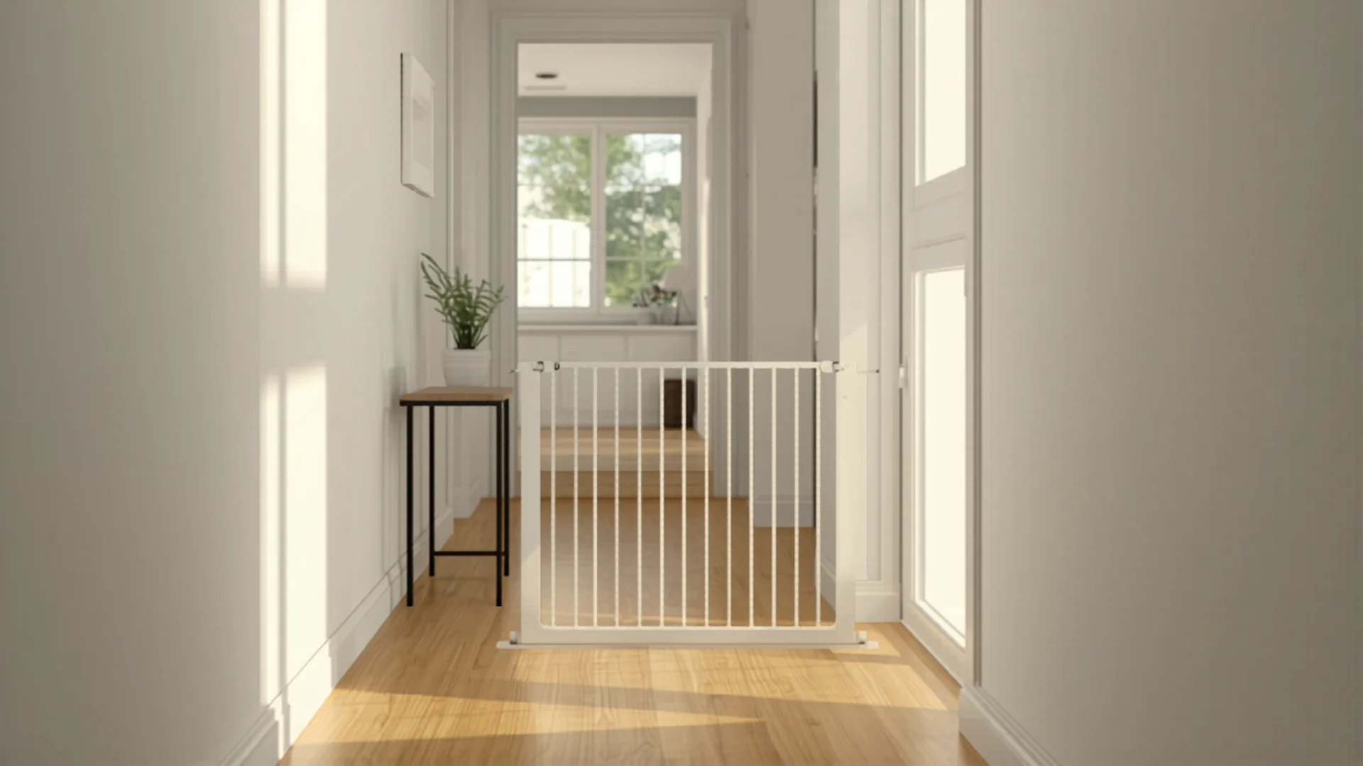 Modern home hallway with pet safety gate installed