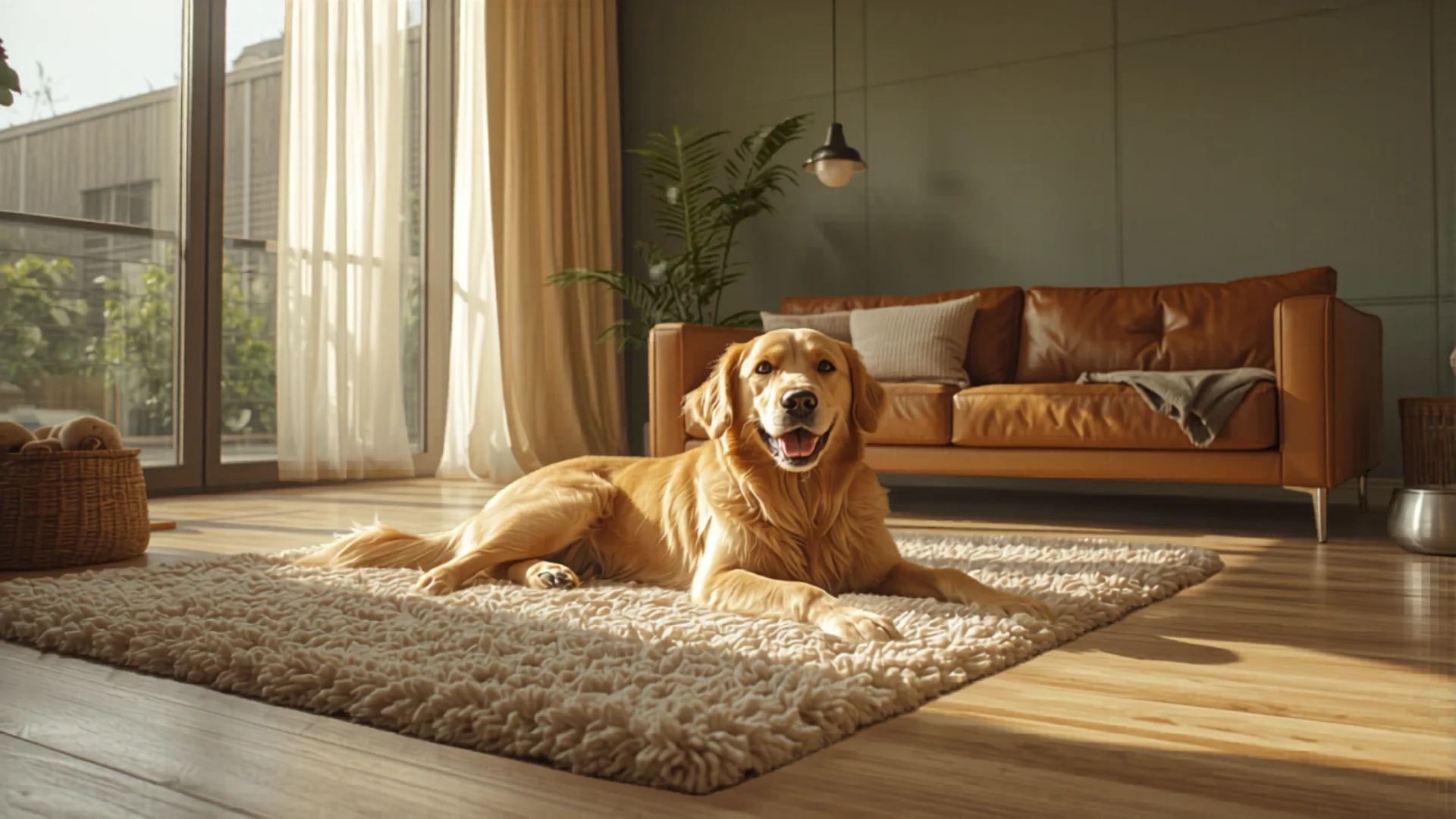 Happy dog in modern Australian living room pet-friendly home
