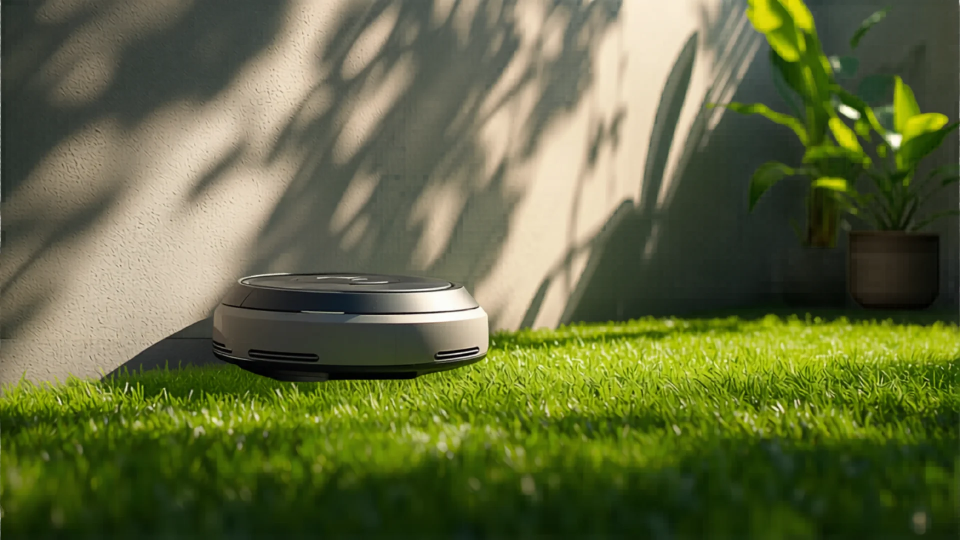 Robot lawn mower on charging station in neat Australian backyard