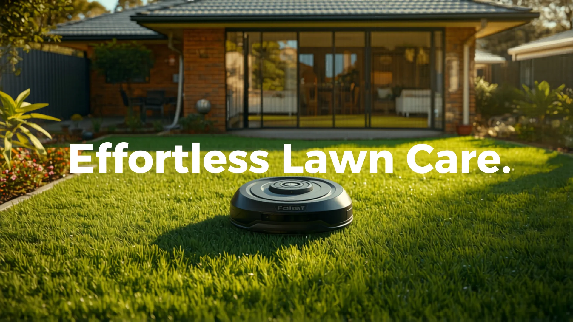 Robot lawn mower cutting green grass in beautiful Australian backyard