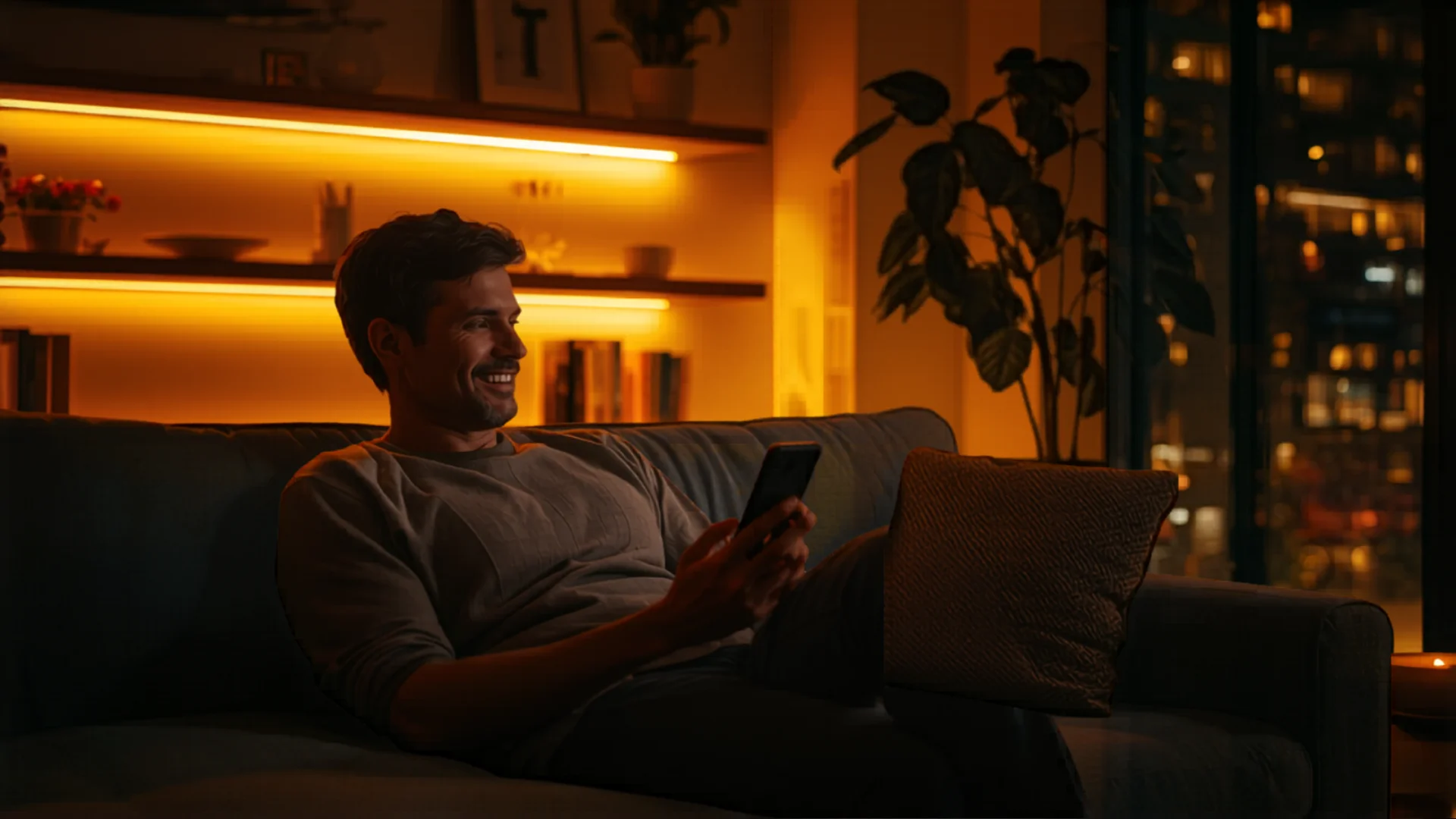 Person controlling smart home devices from smartphone in bright living room