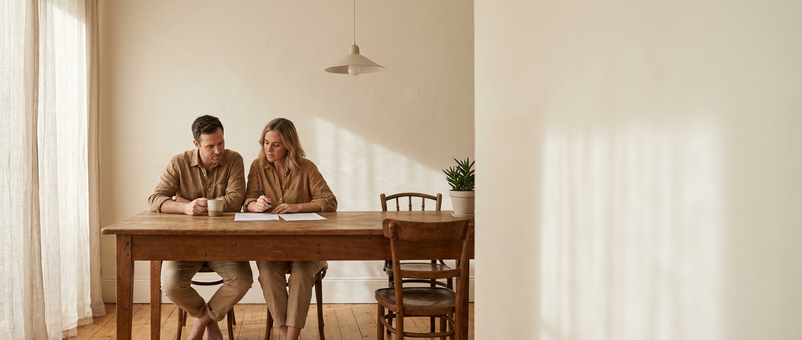 Australian first home buyers reviewing a property contract at a sunlit dining table