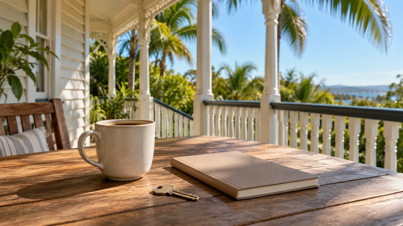 A Queenslander timber house verandah with a coffee cup, notebook and house key on an outdoor table