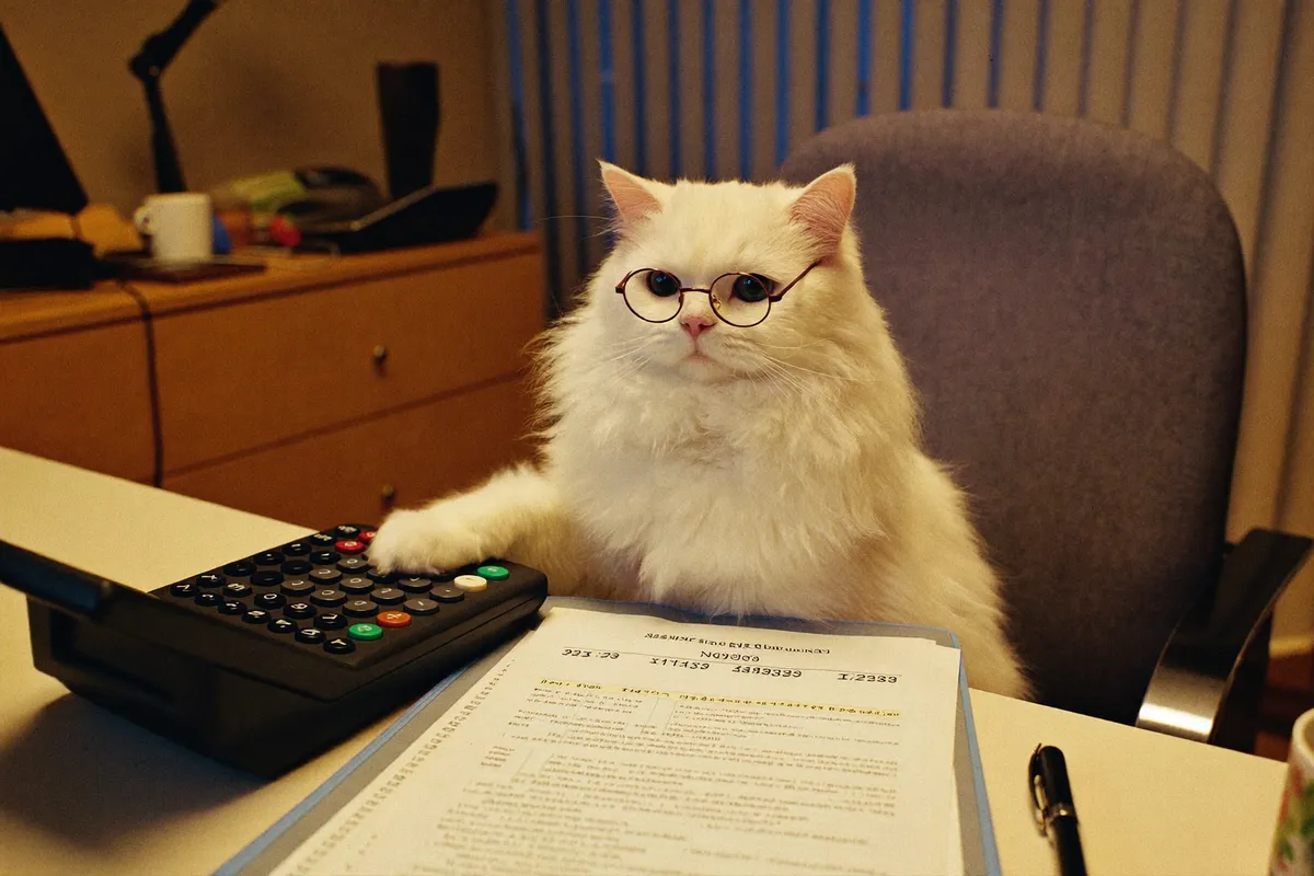A fluffy white cat wearing reading glasses working a desk calculator