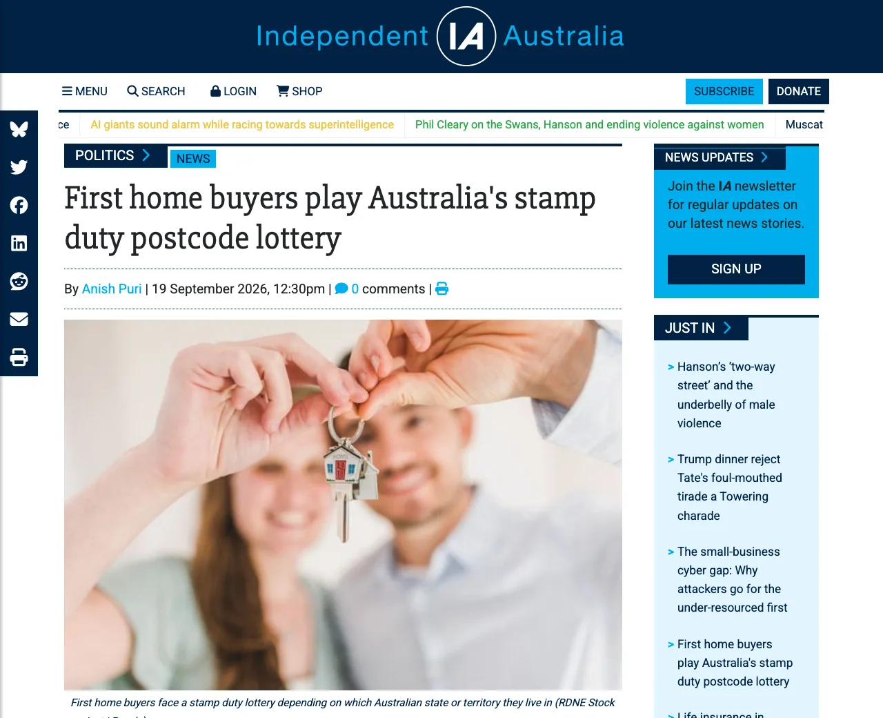 The published article on independentaustralia.net: First home buyers play Australia's stamp duty postcode lottery