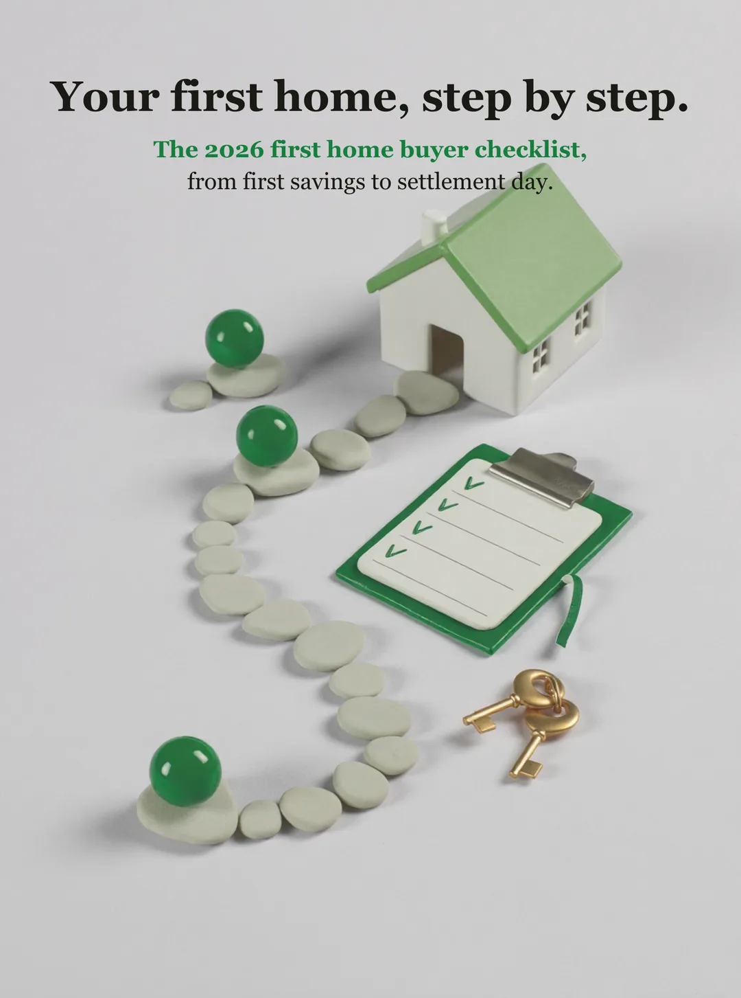 Illustration: a stone path winds past a checklist and golden keys to a small house, titled your first home step by step