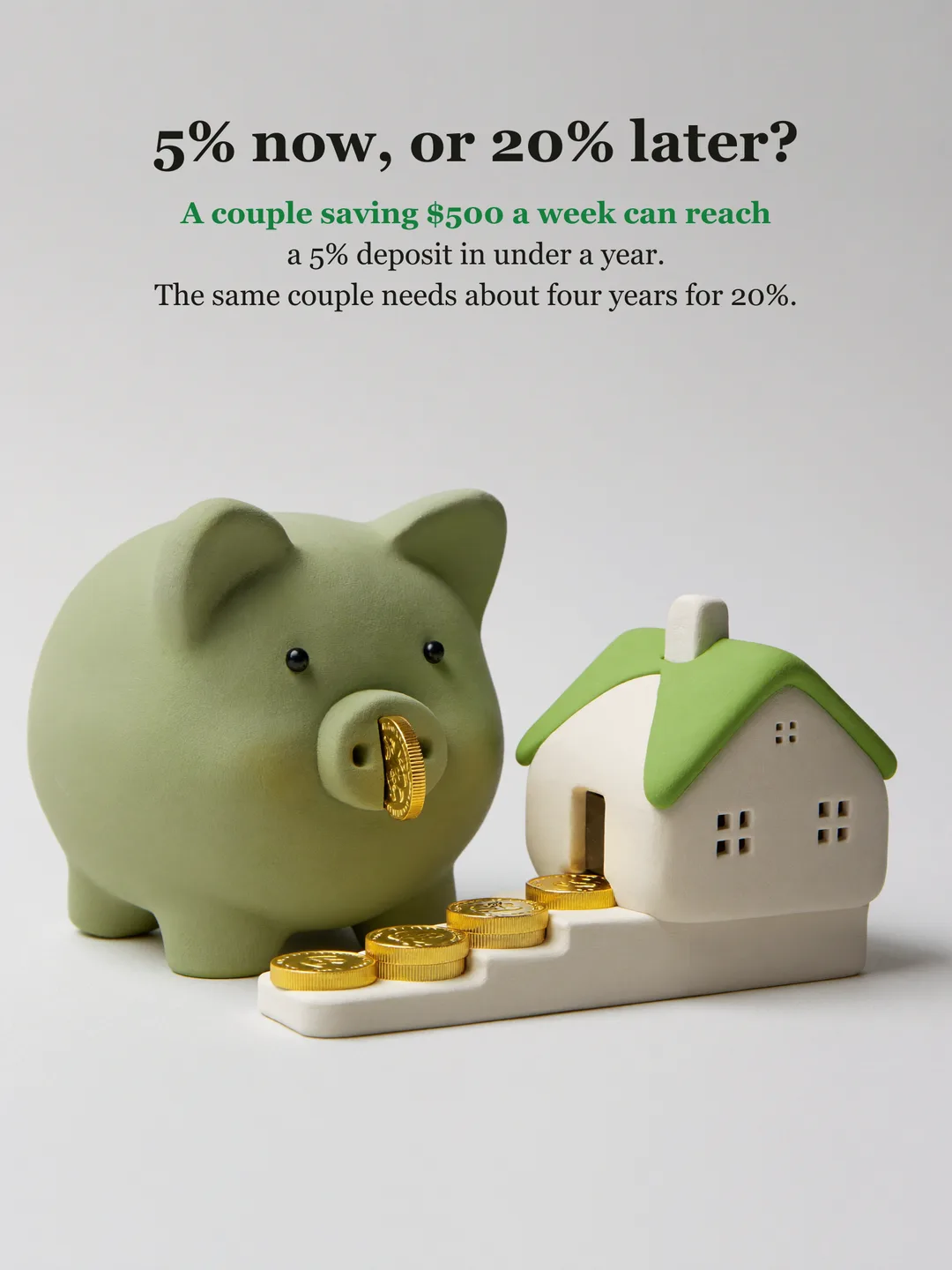 Illustration: a green piggy bank beside a staircase of gold coins leading to a small house, titled 5% now or 20% later