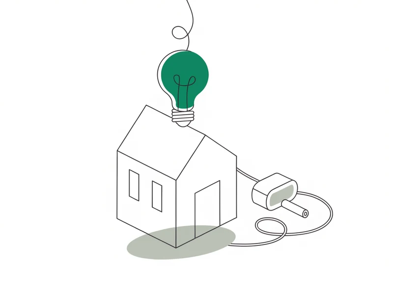 Line illustration of a house with a light bulb and power plug
