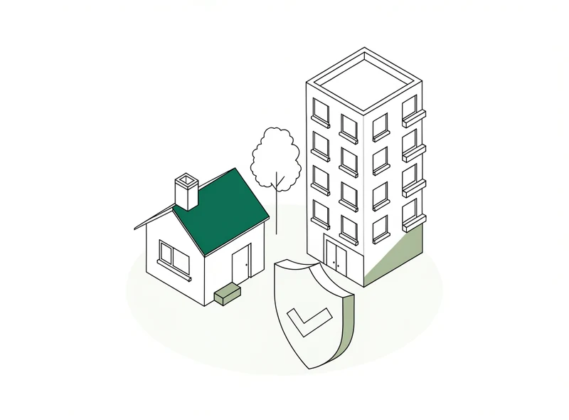 Line illustration of a house and apartment building with a tick shield