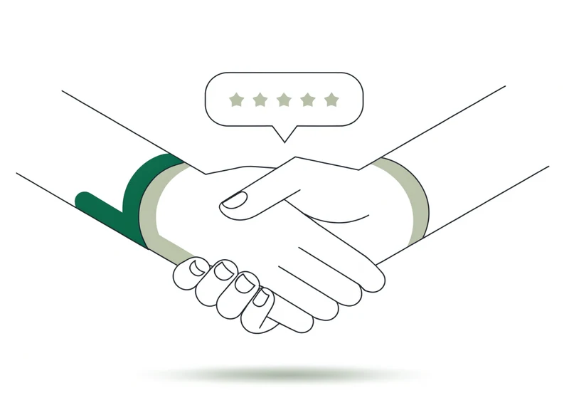Line illustration of a handshake with a five star review bubble