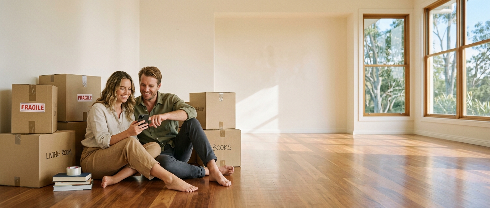 Australian first home buyer couple sitting on the floor of their newly bought empty home, surrounded by moving boxes, comparing home insurance on a phone