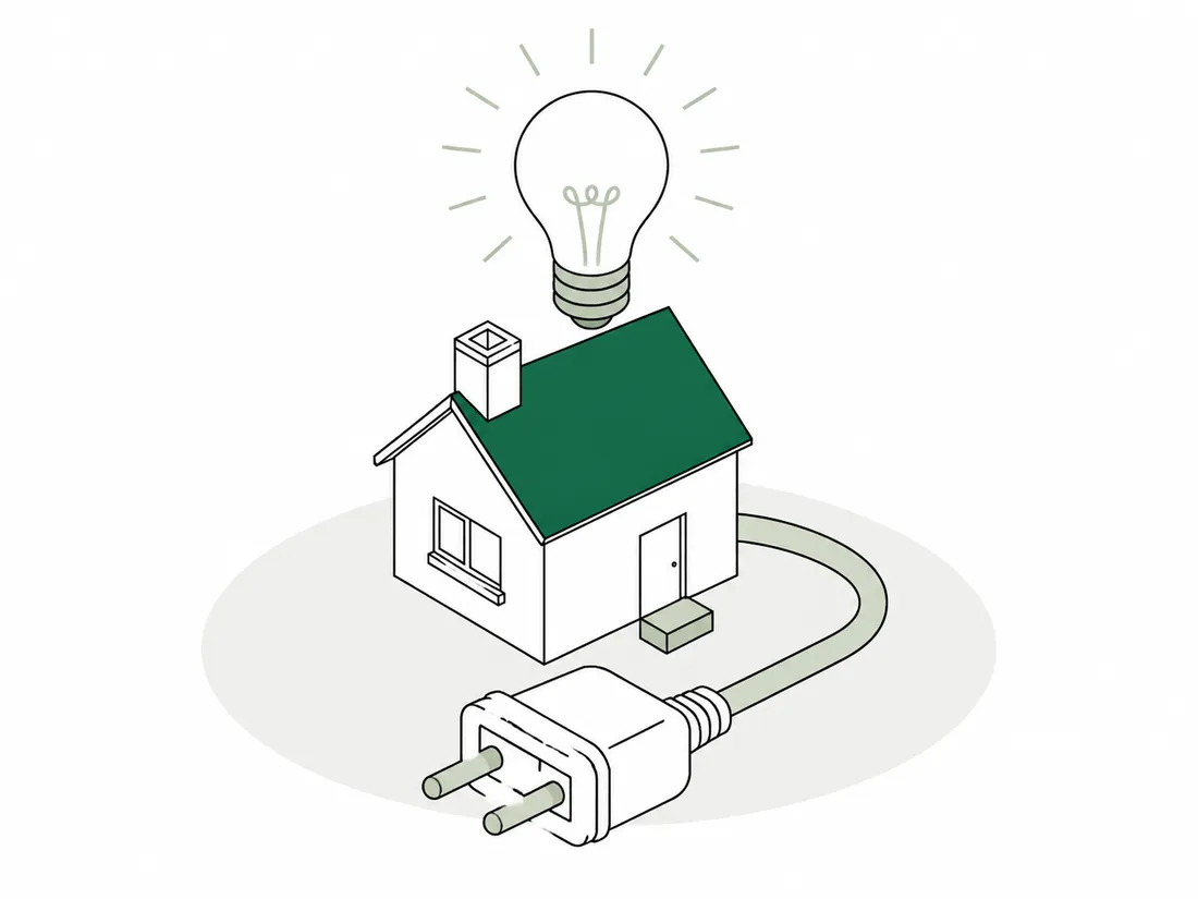 Line illustration of a house with a light bulb and power plug