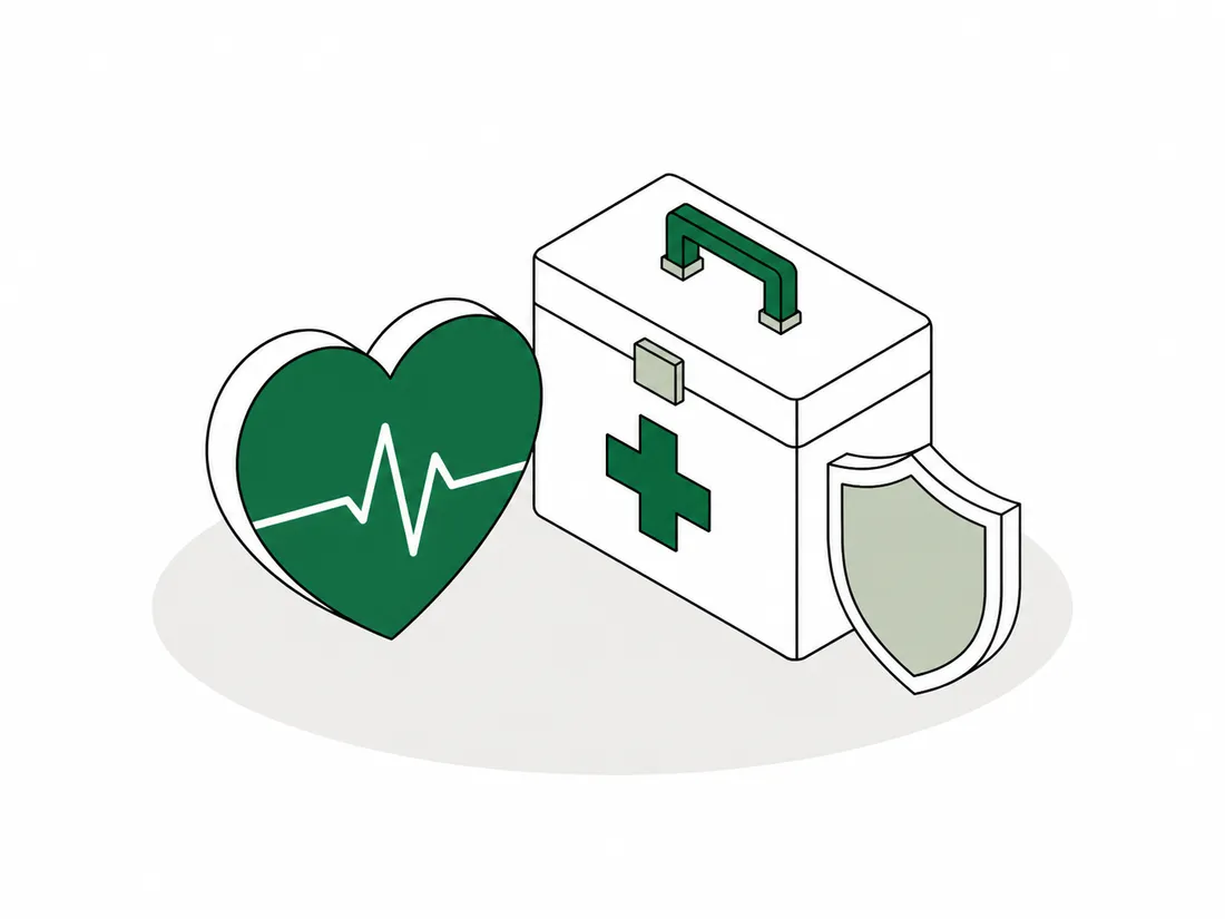 Line illustration of a heart with a pulse line, a first aid kit and a shield