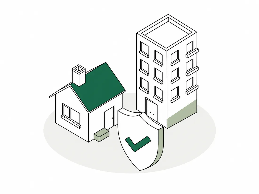 Line illustration of a house and apartment building with a tick shield
