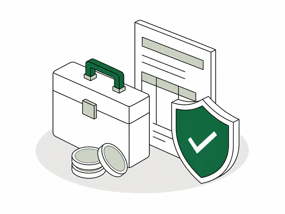 Line illustration of a briefcase and payslip protected by a tick shield