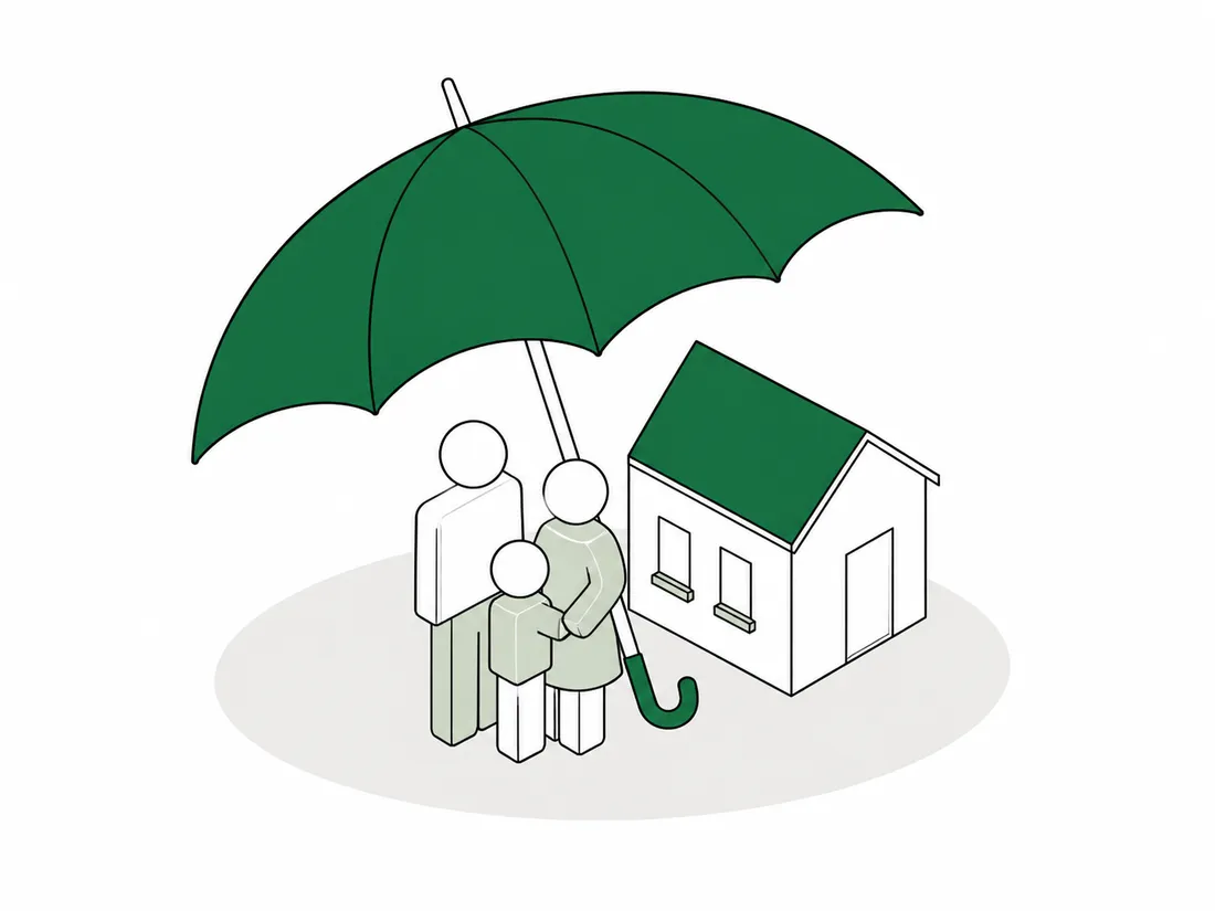 Line illustration of a family sheltered under a broad umbrella beside a house
