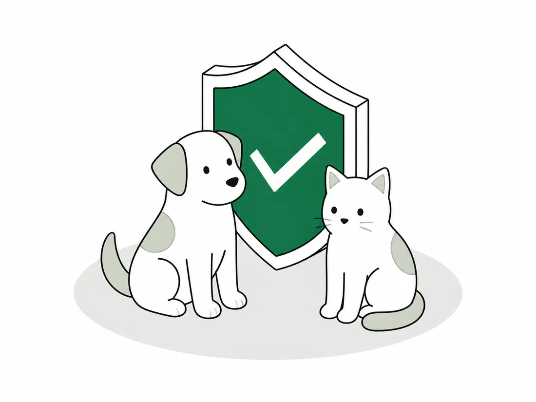 Line illustration of a dog and cat with a tick shield