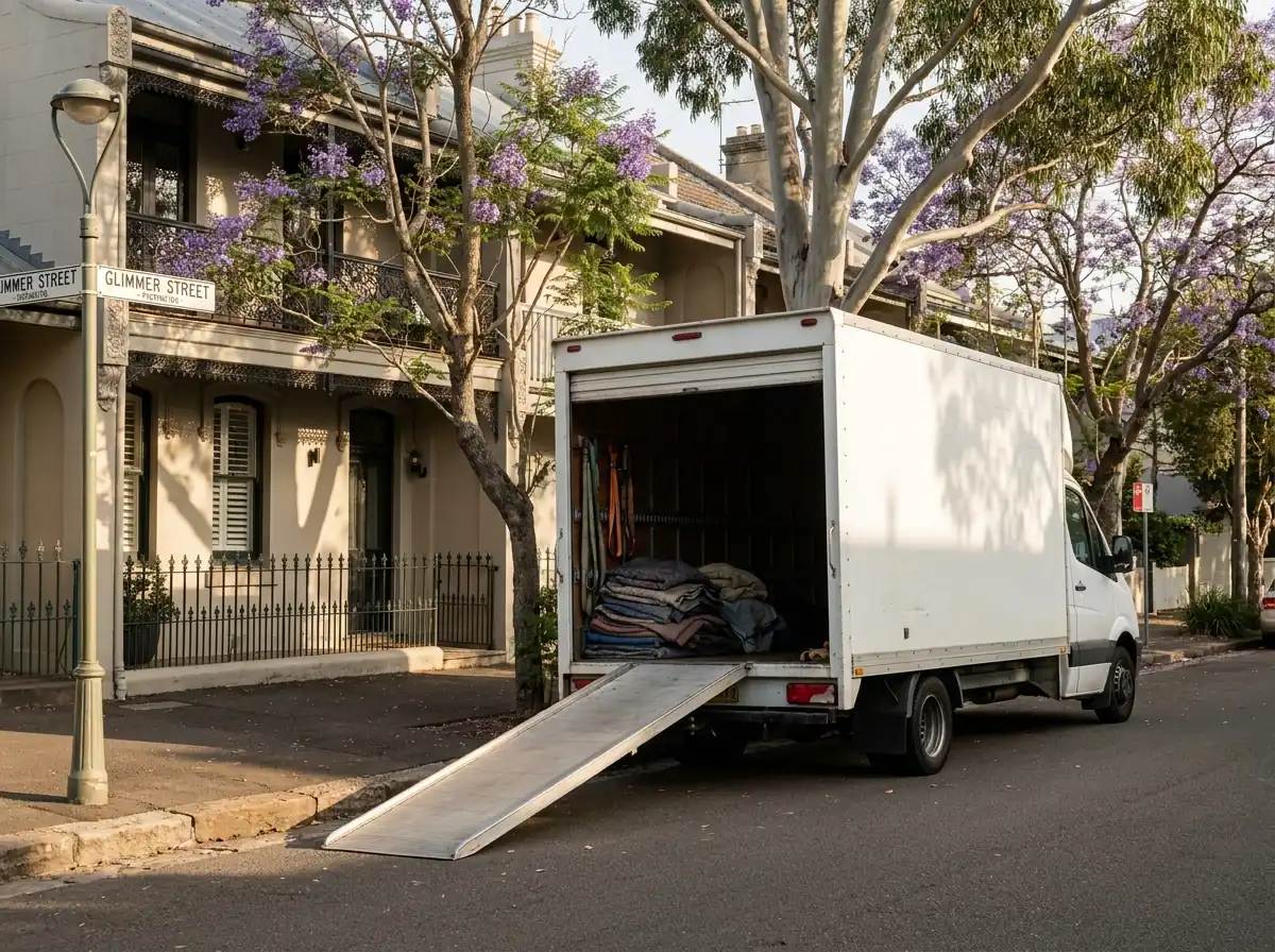 Removalist van with the ramp down outside a terrace home