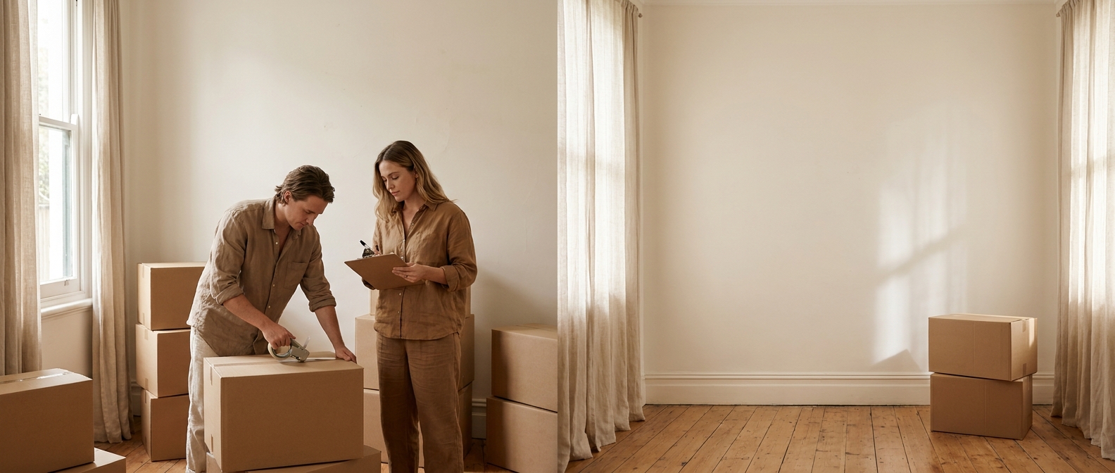 Australian first home buyer couple packing boxes on moving day