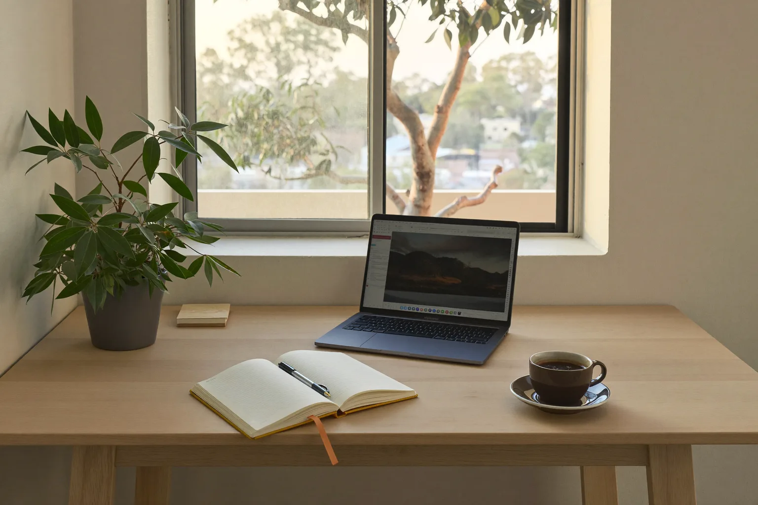 A bright Australian home reading corner with a notebook, laptop and coffee by a sunlit window