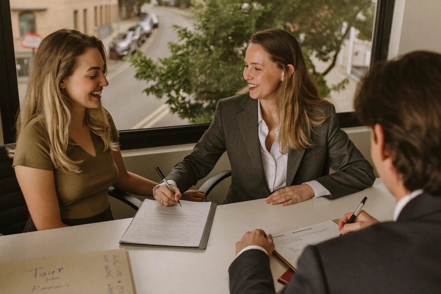 A young Australian couple signing property purchase documents with their conveyancer