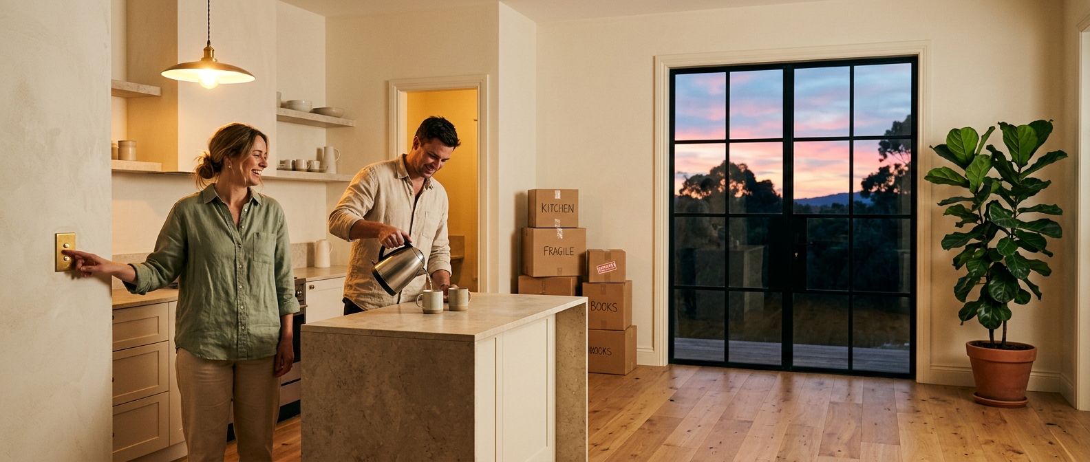 Australian first home buyer couple in their newly bought kitchen on first evening after moving in, lights on, warm pendant glowing, moving boxes nearby
