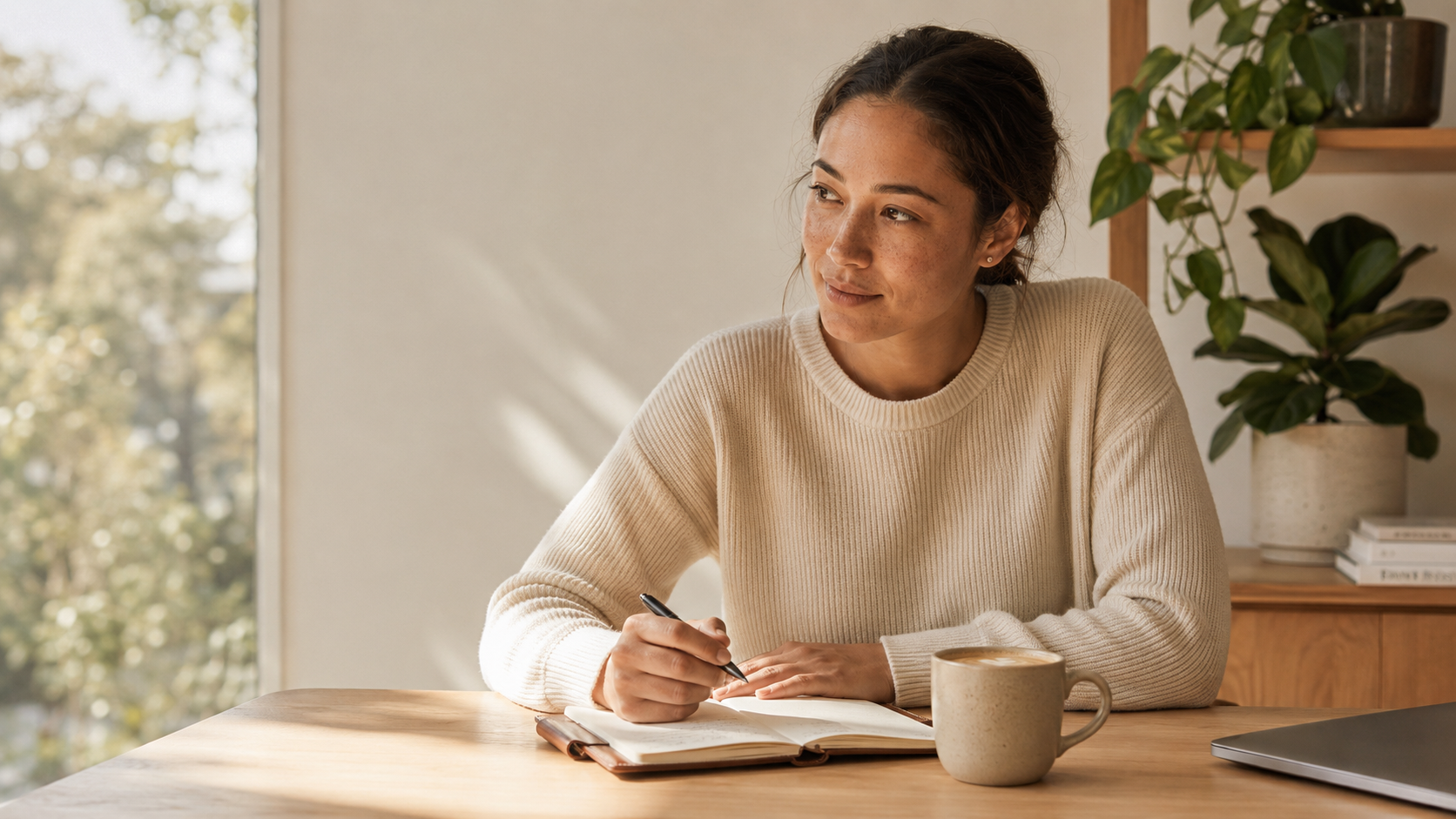 A first home buyer planning her purchase at a desk