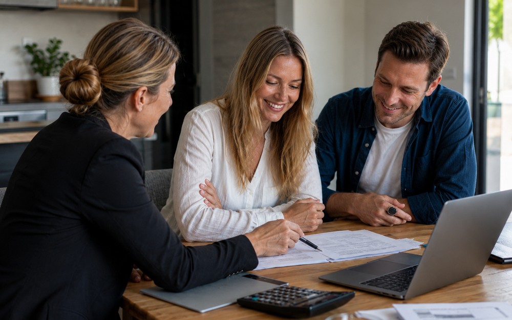 A conveyancer walking a couple through a property contract