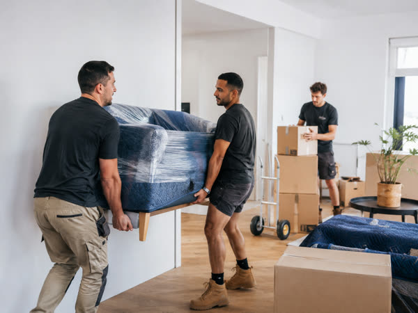 Removalists carrying boxes into a new home